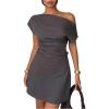 image:imageMakeMeChic Womens Asymmetrical Neck Ruched Mini Dress Short Sleeve Business DressesGrey
