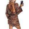 image:imageMakeMeChic Womens Faux Fur Striped Mini Dress Tie Open Back Bell Sleeve Y2k Party DressesMulticolor