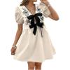 image:imageMakeMeChic Womens Floral Embroidery V Neck Dress Bow Puff Sleeve Summer Short DressesApricot