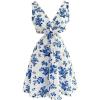 image:imageMakeMeChic Womens Floral Frill Trim V Neck Cut Out Sleeveless Bow Knot Summer Mini DressBlue and White