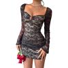 image:imageMakeMeChic Womens Floral Lace Mini Dress Long Sleeve Sweetheart Neck Y2K Short Bodycon DressesBlack