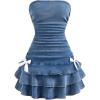 image:imageMakeMeChic Womens Layered Ruffle Denim Mini Dress Strapless Bandeau Bow Jean DressesBlue