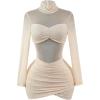 image:imageMakeMeChic Womens Mesh Mock Neck Mini Dress Ruched Wrap Long Sleeve Bodycon Party DressesApricot