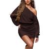 image:imageMakeMeChic Womens Off The Shoulder Dress Ruched Long Sleeve Party Bodycon Mini DressesCoffee Brown