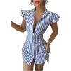 image:imageMakeMeChic Womens Striped Button Down Shirt Dresses Ruffle Short Sleeve Collared Mini DressBlue White
