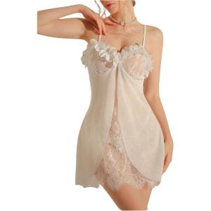 image:imageMakeMeChic Womens 2 Piece Babydoll Lingerie Set Bridal Floral Lace Sheer Chemise Dress with ThongWhite
