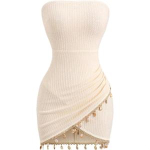 image:imageMakeMeChic Womens Boho Wrap Tube Dress Strapless Tie Backless Fringe Bodycon Mini DressesApricot