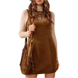 image:imageMakeMeChic Womens Denim Mini Dress Crew Neck Sleeveless Summer Cowboy Vintage Short DressesCoffee