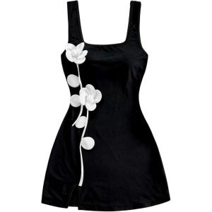 image:imageMakeMeChic Womens Fall Tank Dress 3D Flower Square Neck Split Sleeveless Party Mini DressesBlack and White