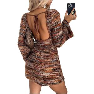 image:imageMakeMeChic Womens Faux Fur Striped Mini Dress Tie Open Back Bell Sleeve Y2k Party DressesMulticolor