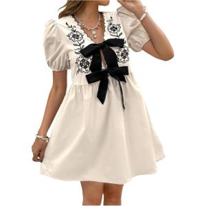image:imageMakeMeChic Womens Floral Embroidery V Neck Dress Bow Puff Sleeve Summer Short DressesApricot