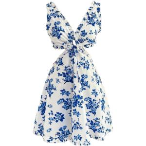 image:imageMakeMeChic Womens Floral Frill Trim V Neck Cut Out Sleeveless Bow Knot Summer Mini DressBlue and White