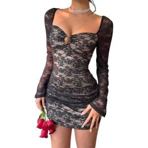 image:imageMakeMeChic Womens Floral Lace Mini Dress Long Sleeve Sweetheart Neck Y2K Short Bodycon DressesBlack