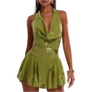 image:imageMakeMeChic Womens Floral Sequin Halter Dress Embroidery Draped A Line Y2K Mini DressesGreen
