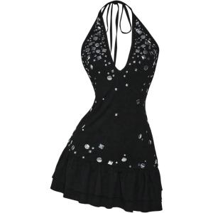 image:imageMakeMeChic Womens Halter Mini Dress Sparkly Ruffle Tiered Sleeveless Tie Back Fall Y2K Clothes Rave OutfitBlack