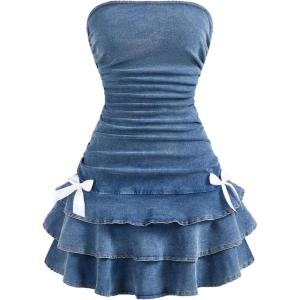 image:imageMakeMeChic Womens Layered Ruffle Denim Mini Dress Strapless Bandeau Bow Jean DressesBlue