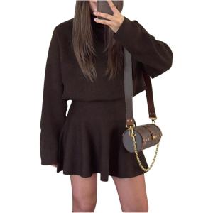 image:imageMakeMeChic Womens Long Sleeve Sweater Dress A Line Flare Knit Mini DressesBrown