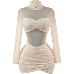 image:imageMakeMeChic Womens Mesh Mock Neck Mini Dress Ruched Wrap Long Sleeve Bodycon Party DressesApricot