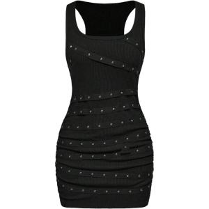 image:imageMakeMeChic Womens Summer Tank Mini Dress Y2K Square Neck Sleeveless Rivet Bodycon Short DressesBlack
