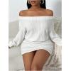 image:imageMakeMeChic Womens Fall Off The Shoulder Mini Dress Ruched Long Sleeve Rib Knitted Short DressesWhite