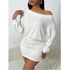 image:imageMakeMeChic Womens Fall Off The Shoulder Mini Dress Ruched Long Sleeve Rib Knitted Short DressesWhite