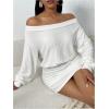 image:imageMakeMeChic Womens Fall Off The Shoulder Mini Dress Ruched Long Sleeve Rib Knitted Short DressesWhite