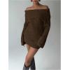 image:imageMakeMeChic Womens Off The Shoulder Sweater Dress Long Sleeve Knitted Mini DressesBrown