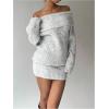 image:imageMakeMeChic Womens Off The Shoulder Sweater Dress Long Sleeve Knitted Mini DressesGrey