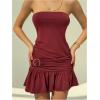 image:imageMakeMeChic Womens Strapless Tube Top Dress Ring Ruched Ruffle Hem Bodycon Y2k Mini DressesBurgundy