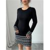 image:imageMakeMeChic Womens Sweater Dress Graphic Long Sleeve Crew Neck Knit Casual Short Mini DressesBlack