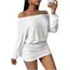 image:imageMakeMeChic Womens Fall Off The Shoulder Mini Dress Ruched Long Sleeve Rib Knitted Short DressesWhite