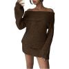 image:imageMakeMeChic Womens Off The Shoulder Sweater Dress Long Sleeve Knitted Mini DressesBrown