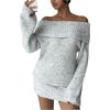image:imageMakeMeChic Womens Off The Shoulder Sweater Dress Long Sleeve Knitted Mini DressesGrey