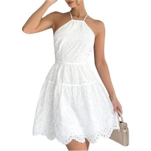 image:imageMakeMeChic Womens Eyelet Embroidery Halter Dress Lace Up Backless A Line Summer Short DressesWhite