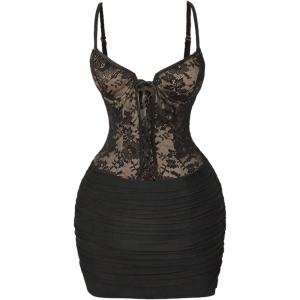 image:imageMakeMeChic Womens Fall Floral Lace Mini Dress Party Tie Front Sleeveless Bodycon Mesh Sheer DressesBlack