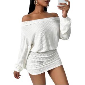 image:imageMakeMeChic Womens Fall Off The Shoulder Mini Dress Ruched Long Sleeve Rib Knitted Short DressesWhite