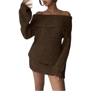 image:imageMakeMeChic Womens Off The Shoulder Sweater Dress Long Sleeve Knitted Mini DressesBrown