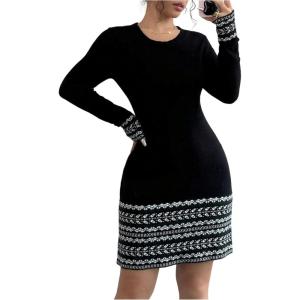 image:imageMakeMeChic Womens Sweater Dress Graphic Long Sleeve Crew Neck Knit Casual Short Mini DressesBlack