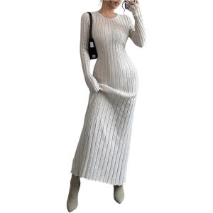 image:imageMakeMeChic Womens Sweater Dress Long Sleeve Tie Back Rib Knit Going Out Maxi DressApricot