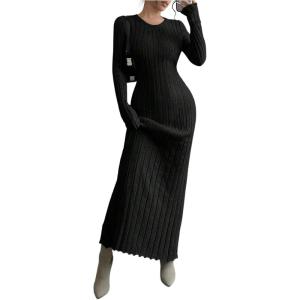 image:imageMakeMeChic Womens Sweater Dress Long Sleeve Tie Back Rib Knit Going Out Maxi DressBlack