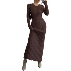 image:imageMakeMeChic Womens Sweater Dress Long Sleeve Tie Back Rib Knit Going Out Maxi DressBrown