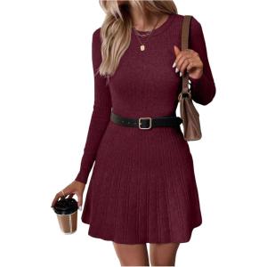 image:imageMakeMeChic Womens Sweater Dress Ribbed Knit Aline Flare Short Dresses Without BeltBurgundy