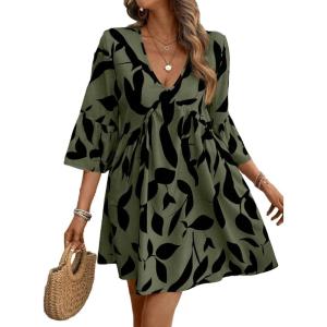 image:imageMakeMeChic Womens Tropical Print Mini Dress Ruffle Half Sleeve V Neck Beach Vacation Short DressesGreen