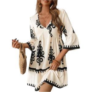 image:imageMakeMeChic Womens Tropical Print Mini Dress Ruffle Half Sleeve V Neck Beach Vacation Short DressesMulticolor