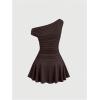 image:imageMakeMeChic Womens Fall Mini Dress Sleeveless Ruched A Line Ruffle Asymmetrical DressesCoffee