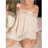 image:imageMakeMeChic Womens Lace Trim Sheer Lingerie Dress Chain Strap Long Sleeve Slip Mini NightgownWhite