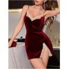 image:imageMakeMeChic Womens Velvet Floral Lace Nightgown Bow Knot Split Thigh Short Slip Dress NightwearBurgundy
