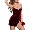 image:imageMakeMeChic Womens Velvet Floral Lace Nightgown Bow Knot Split Thigh Short Slip Dress NightwearBurgundy