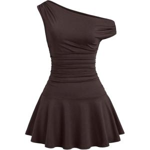 image:imageMakeMeChic Womens Fall Mini Dress Sleeveless Ruched A Line Ruffle Asymmetrical DressesCoffee