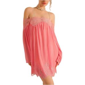 image:imageMakeMeChic Womens Lace Trim Sheer Lingerie Dress Chain Strap Long Sleeve Slip Mini NightgownPink